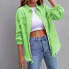 Women's Jackets Neon 2023 Women Jeans Female Long Sleeve Cardigan Turndown Collar Street Lady Casual Autumn Pockets Holes Coats H349 231011