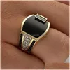 Anillo clásico para hombre Moda Metal Color dorado con incrustaciones de piedra negra Circón Anillos punk para hombres Dhgarden Otmug