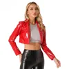 Women's Jacket Long Sleeve Faux Latex Turndown Collar Cardigan 2023 Fashion Top Leather Clothing Overcoat 231011