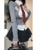 Casual Jurken 2023 Japanse Uniform Pak Vrouw Grijze Slanke Gebreide Trui Tops Zwart Bodycon Y2k Minirok College Mode 3 Delige Set Meisje