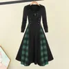 Casual Dresses O-neck Long Sleeve Midi Dress Women Elegant Plaid Print Double Breasted A-line Night Party Skater