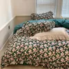 Conjuntos de cama de algodão vintage pintura a óleo rosa conjunto lavado flores babados colcha capa plana / lençol fronhas