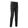 Jeans masculinos preto americano streetwear lápis na moda com letras adesivos calças jeans para homens mulheres slim fit remendado rasgado