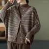 Kvinnors stickor Johnature Kvinnor Vintage randiga tröjor Cardigan O-Neck Bat Sleeve Loose Autumn Coats 2023 Bomull Sticked