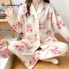 Mulheres sleepwear mulheres pijamas conjunto primavera outono mangas compridas calças pijamas cadigan loungewear menina quimono pijama japonês