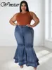 Pantalons grande taille pour femmes Jeans grande taille femmes décontracté taille haute Flare pantalon évasé bas ourlet à volants mode Denim Streetwear vente en gros Dropshpping 231011