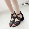 Sandals Fashion Style Women Summer Hollow Out Faux Leather Rhinestones Thick Fish Toe Heel Zipper Shoes Larg