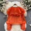 Bluzki damskie Chic Sweet Ruffle Lantern Long Rleeve Loose Bluzka Elegancka francuska moda seksowna koszula Spring Autumn Kobiety