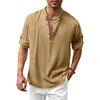 Männer T Shirts Baumwolle Leinen Hemd Casual Strand Langarm T-shirt Herbst Frühling Einfarbig V-ausschnitt Tops Mode
