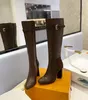 Últimas botas largas para mujer con cremallera interior recta y tacón grueso de 9,5 cm, parte superior de piel de vaca con punta redonda, forro interior de piel de oveja, suela de cuero genuino, tamaño de hebilla 34-42