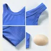 L-w057 Ribbed Tank Tops High Neck Sports Bra with Removable Cups Breathable Sexy Vest I Back Yoga Bra