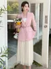 Work Dresses Women Autumn Commuter Business Wear 2 Pieces Set Pink Blazer Jacket Casual Mesh Pleated Skirt Korean Simple Suit
