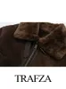 Fourrure Femme Fausse Fourrure TRAFZA femmes marron fausse fourrure manteau à manches longues manteaux courts femme hiver polaire recadrée veste Y2K Zip Up peluche Bomber veste 231011