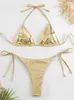 Damskie stroje kąpielowe seksowne złotą złotą bikini ustawione kobiety solidne push up mikro kostium kąpielowy 2023 Brazylijski kostium kąpieli na plażę trójkąt boczny