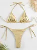 Mulheres Swimwear Sexy Brozing Gold Bikini Set Mulheres Sólidas Push Up Micro Swimsuit 2023 Praia Brasileira Terno Laço Lado Triângulo