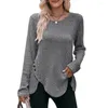 Kvinnors blusar Casual Women Top Autumn Winter Stylish Rands Texture Button Decor Långärmad Pullover Mjuk oregelbunden hem