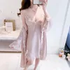 Mulheres sleepwear cetim robe terno com chemise camisola de renda perspectiva quimono roupão vestido verão sexy loungewear com decote em v sleepdress