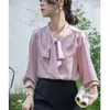 Camicie da donna con bottoni firmate Risvolto con fiocco in nastro Camicette bianche a maniche lunghe Camicia da passerella autunno-inverno Sweet Chic 2023 Office Ladies Simple Fashion Top Taglie forti