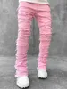 Dżinsy chude z frędzlami Hip-hop krawędź Elastyczna łatka Punk Rock Long Fit Stacked Denim Spodnie Blue Pink 308