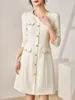 Casual Dresses ZJYT Office Lady Autumn Elegant Dress Long Sleeve Beading ONeck Vestidos Para Mujer 2023 Designer Simple White Party Robe