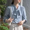 Pembe Bluz Kadın Tasarımcı Saten En İyi Sonbahar Kış Dantelli Şerit Yay Bluses Plus Zarif ve Gençlik 2023 Ofis Bayanlar Basit Moda Uzun Kollu Üstler