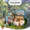 Akcesoria dla lalek DIY Rose Garden Zespół meblowy Zestaw LED LED LED LED z drewnianą miniaturową dekoracją domów 3D