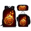 Rugzak Klassiek Ijs Vuur Basketbal Bal 3D Print 3 stks/set Leerling Schooltassen Laptop Dagrugzak Lunchtas Etui