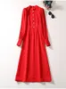 Casual Dresses ZJYT Elegant Lantern Sleeve Red Party For Women 2023 Autumn Fashion Midi Vestidos Simple Crystal Buttons Robe