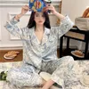 Dames Nachtkleding Dames Homewear Pyjama Echte Zijden Nachtjapon Bedrukken Pijama Grote Maat Pyjama Lange Mouwen Broek De