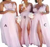 2023 Fashion Pink A Line Chiffon Bridesmaid Dress Lace Applique Prom Dress Illusion Neck High Slit Beach Formella aftonklänningar Part1439907