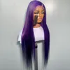 40 tum mörk lila färgad rak spets främre mänskliga hår peruker för svarta kvinnor 180% transparent 360 spets frontal peruk föregångad