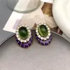 Boucles d'oreilles à clous pour femmes, géométrie rétro incrustée de verre vert et d'émail violet, luxe exquis, Europe et amérique