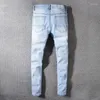 Erkek kot pantolon viangani yıldız baskılı leopar patchwork perçin ince açık mavi delikler yırtılmış sıska streç denim pantolon pantolonlar 40