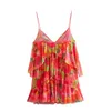 Kvinnors tankar Summer Red Print Floral Camisole Vest Sleeveless Top for Women V-Neck Mesh Layered Camis Spaghetti Mini Super Short Dress