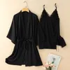 Женская одежда для сна, сексуальный халат из искусственного шелка, женская кружевная атласная ночная рубашка, комплект из 2 предметов, кимоно, комплект лоскутной домашней одежды, интимное белье