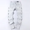 Men's Jeans Streetwear Trendy Skull Embroidery On Both Sides Denim Pants Hip Hop Fashion White Tapered Trousers