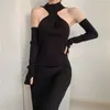 Casual Dresses Black Sexy Off Shoulder Slim Bodycon Kintted Long For Women Sleeve Turtlenecks Female Elegant Slit Party Dress 2023