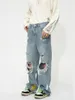 Jeans pour hommes été style coréen lâche haute rue mendiant déchiré peinture graffiti denim pantalon hip hop