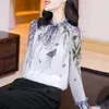 Kvinnors blusar Spring Autumn 2023 Casual Floral Printed Tops Lantn Sleeve Silk Chiffon Blus Shirt Fashion Round Neck Women Clothing J30