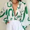 Damesblouses Herfst elegante overhemden met knopen, sexy vrouwen lantaarn bladerdeeg mouw revers tops mode woon-werkverkeer diepe v-hals bedrukte blouse