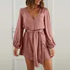 Casual Dresses Women's Long Puff Sleeve Satin V Neck Cocktail Party Belted Short Summer Midi Dress For Women Floral