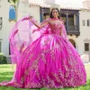 Abito da ballo con scollo a cuore rosa rosa Abiti Quinceanera Applique in tulle con mantella Vestido De 15 Anos Abito da principessa Quinceanera