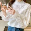 Blusas femininas branco bordado blusa feminina 2023 outono moda renda gola manga longa algodão topo senhoras elegante solto pulôver