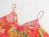 Kvinnors tankar Summer Red Print Floral Camisole Vest Sleeveless Top for Women V-Neck Mesh Layered Camis Spaghetti Mini Super Short Dress