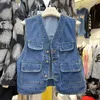 Gilets pour femmes Gilet en denim bleu pour femmes Poches à col en V Casual Gilet à simple boutonnage Automne Sans manches Polyvalent Tops Tops