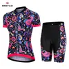 Conjuntos de camisa de ciclismo Mieyco feminino manga curta camisa de ciclismo com meia-calça - branco / preto bicicleta meia-calça roupa terno respirável almofada 5D conjunto rápido 231011