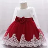 Robes de fille née à manches longues bébé fête de mariage dentelle gros nœud infantile 1er anniversaire princesse robe de baptême