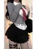 Robes décontractées 2023 Costume d'uniforme japonais Femme Gris Slim Pull tricoté Tops Noir Bodycon Y2K Mini Jupe College Fashion 3 pièces Ensemble fille