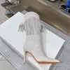 Amina Muaddi Begum talons aiguilles bottes hautes strass bout pointu bottes à pompons à enfiler bottes à hauteur du genou chaussures de créateurs de luxe pour femmes chaussures d'usine tailles 35-42