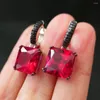 Dangle Küpeler 925 STERLING Gümüş 12mm Yastık Kesme Laboratuar Zümrüt Ruby Diamond Siyah /Kırmızı Taşlarla Asılı Güzel Takı Toptan